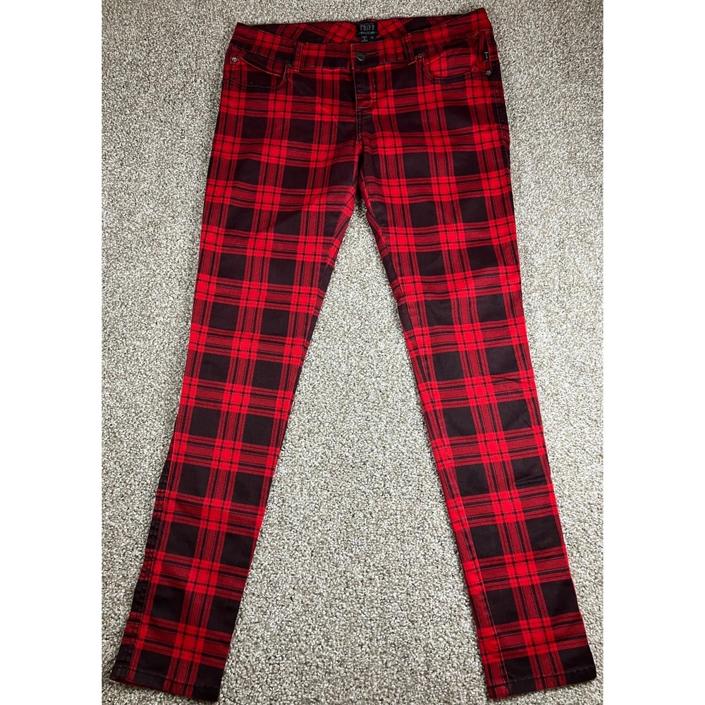 Tripp NYC Womens Red Black Plaid Skinny Pants Skull Rivets Size 11 Fits 33"x31"
